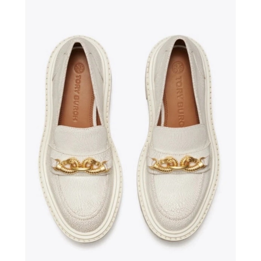 Tory Burch Jessa White Crackle Leather Platform Loafers Gold Horsehead Chain 6